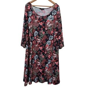 Black Floral A Line Dress 3/4 Sleeve Scoop Neck 26/28 2X Stretch Garden 90s Boho